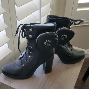 C&C California Women's Black Heeled Lace-Up Boots With Removeable Wallet!